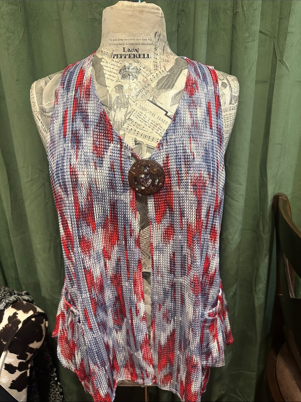 Multiples Red, Blue & White Sleeveless Knit Tank with Decorative Button